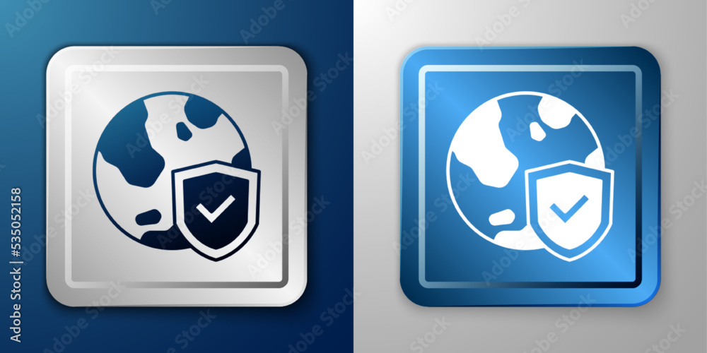 White Shield with world globe icon isolated on blue and grey background. Insurance concept. Security, safety, protection, privacy concept. Silver and blue square button. Vector