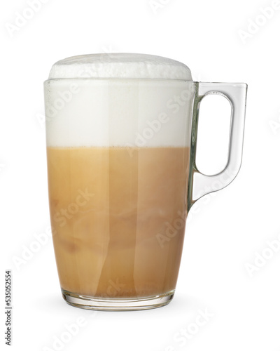 Transparent cup with cappuccino coffee isolated.