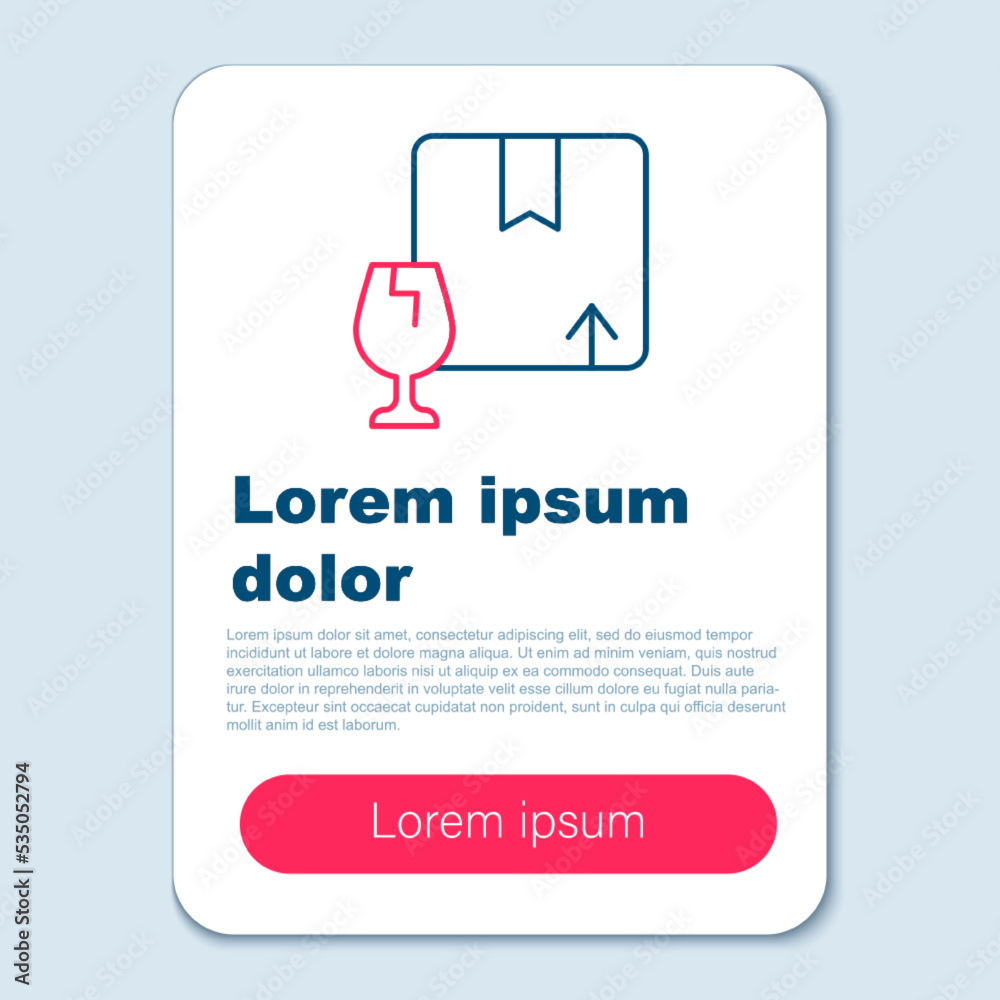 Line Delivery package box with fragile content symbol of broken glass icon isolated on grey background. Box, package, parcel sign. Colorful outline concept. Vector Line Delivery package box with fragile content symbol of broken glass icon isolated on grey background. Box, package, parcel sign. Colorful outline concept. Vector