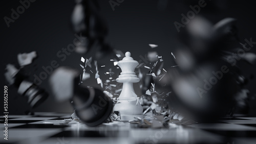 3d rendering, aggressive chess game white queen attacks and destroys other pieces. Damage metaphor, stressful situation, fight concept