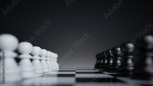 3d render  the initial position of a chess game  white and black pawns stand on a chessboard on a black background. Opposition concept