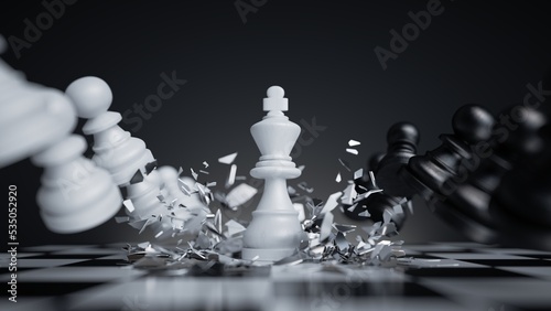 Fotografie 3d rendering, aggressive chess game white king attacks and crushes other pieces