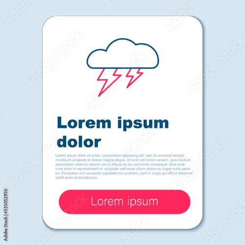 Line Storm icon isolated on grey background. Cloud and lightning sign. Weather icon of storm. Colorful outline concept. Vector