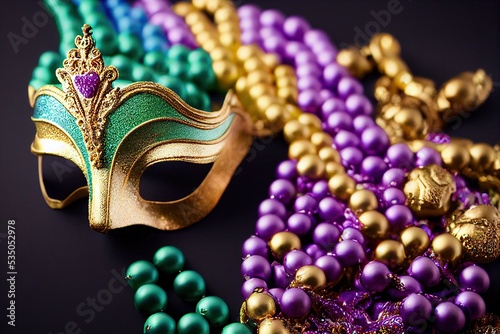 3D rendered computer generated image of traditional Mardi Gras beads. Red, gold, and green celebratory colors for Fat Tuesday in New Orleans. Bayou Carnival for 2023 holiday season