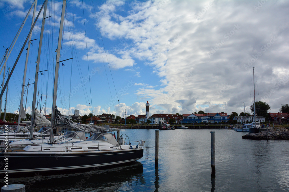 Harbor overlooking Timmendorf Strand, with blue sky, Poel Island, Baltic Sea, Germany