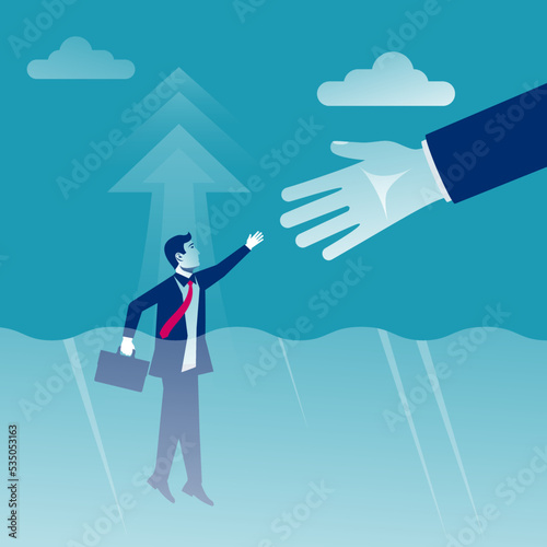 Business helping concept. Businessman gives a helping hand to an employee. To give help man, metaphor. Vector illustration flat design. Isolated on white background.