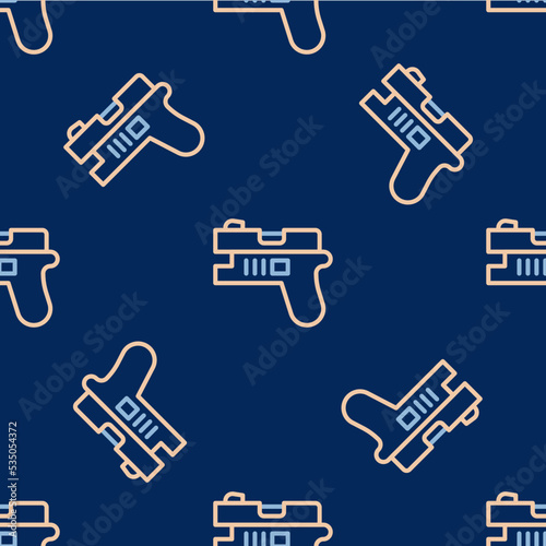 Line Futuristic space gun blaster icon isolated seamless pattern on blue background. Laser Handgun. Alien Weapon. Vector