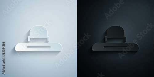 Paper cut Gardener, farmer or agricultural worker hat icon isolated on grey and black background. Paper art style. Vector