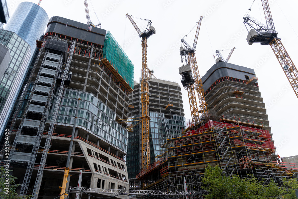 Construction of tall office buildings, in the city of Frankfurt.