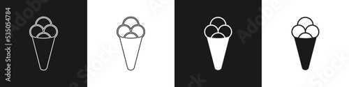 Set Ice cream in waffle cone icon isolated on black and white background. Sweet symbol. Vector
