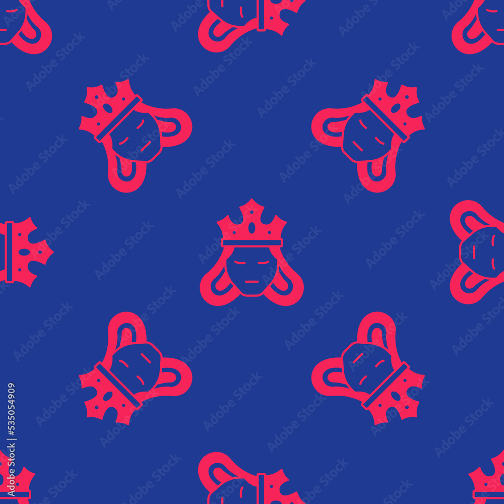 Fototapeta premium Red Princess or queen wearing her crown icon isolated seamless pattern on blue background. Medieval lady. Vector