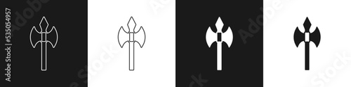 Set Medieval axe icon isolated on black and white background. Battle axe, executioner axe. Medieval weapon. Vector
