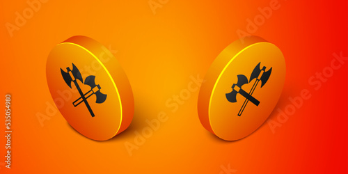Isometric Crossed medieval axes icon isolated on orange background. Battle axe, executioner axe. Medieval weapon. Orange circle button. Vector