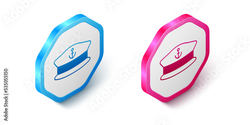 Isometric Captain hat icon isolated on white background. Hexagon button. Vector