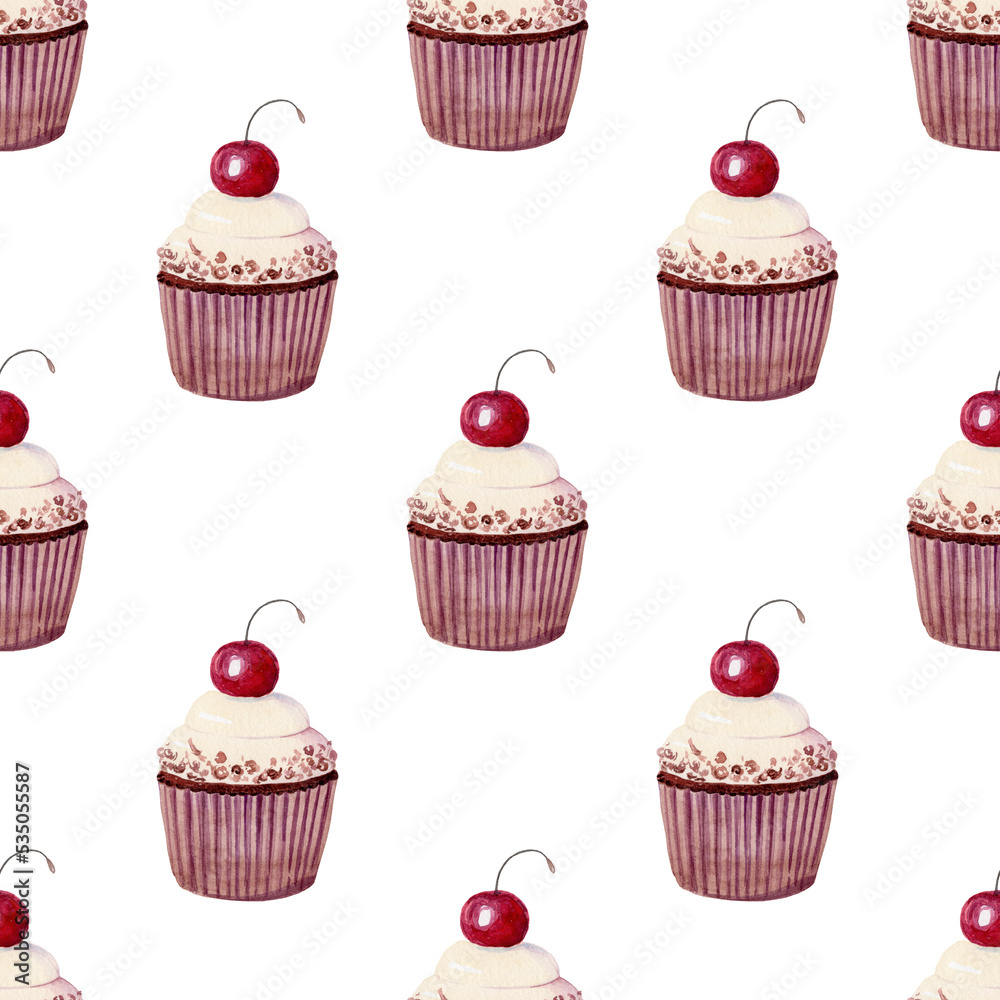 watercolor cherry cupcakes seamless pattern on white background