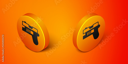 Isometric Futuristic space gun blaster icon isolated on orange background. Laser Handgun. Alien Weapon. Orange circle button. Vector