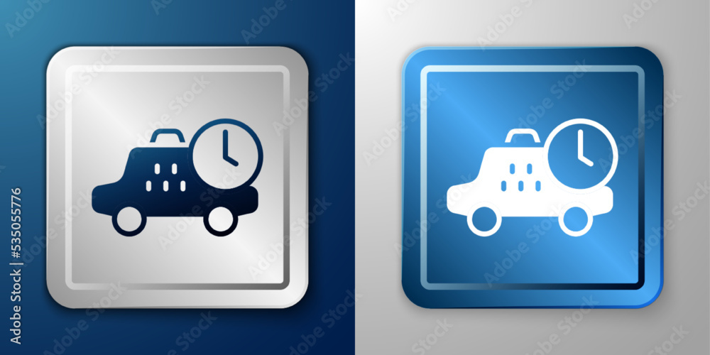 White Taxi waiting time icon isolated on blue and grey background. Car deadline, schedule ride. Silver and blue square button. Vector White Taxi waiting time icon isolated on blue and grey background. Car deadline, schedule ride. Silver and blue square button. Vector