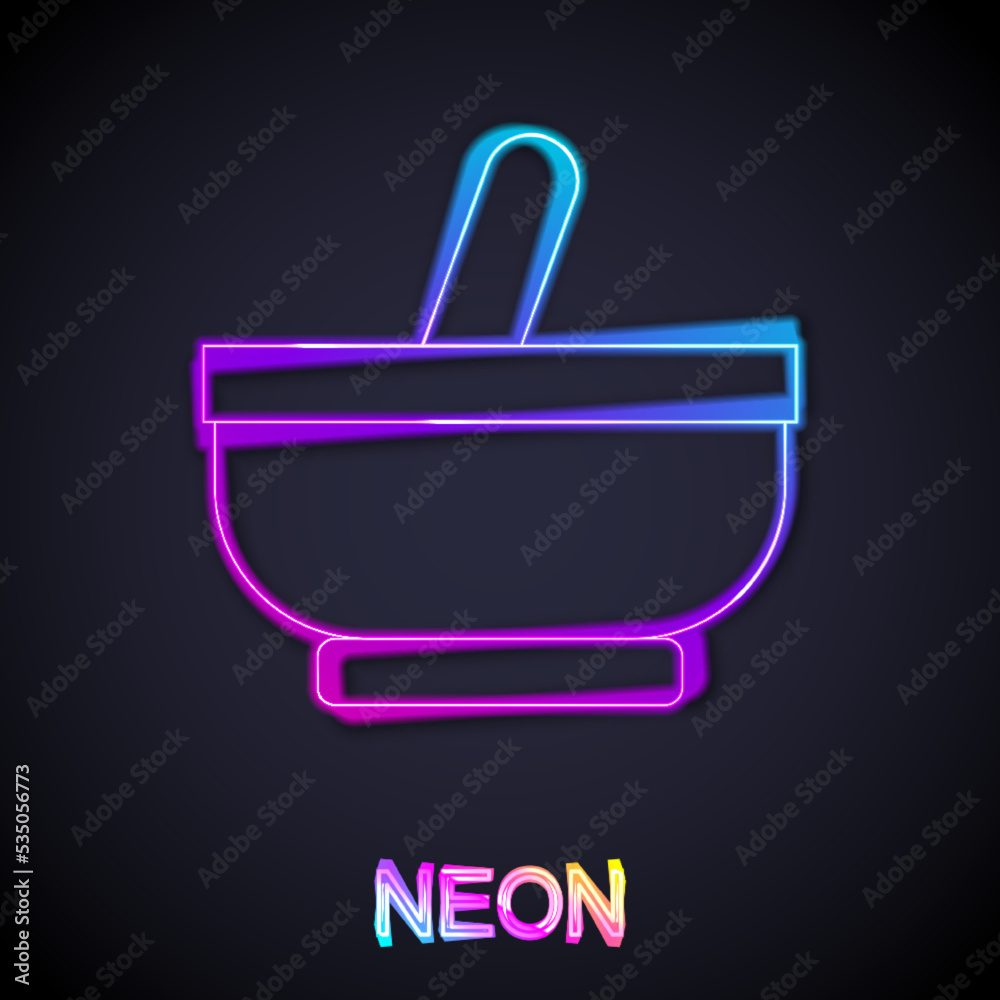 Glowing neon line Mortar and pestle icon isolated on black background. Vector Glowing neon line Mortar and pestle icon isolated on black background. Vector