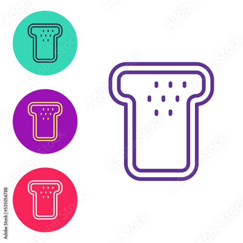 Set line Bread toast for sandwich piece of roasted crouton icon isolated on white background. Lunch, dinner, breakfast snack. Set icons colorful. Vector