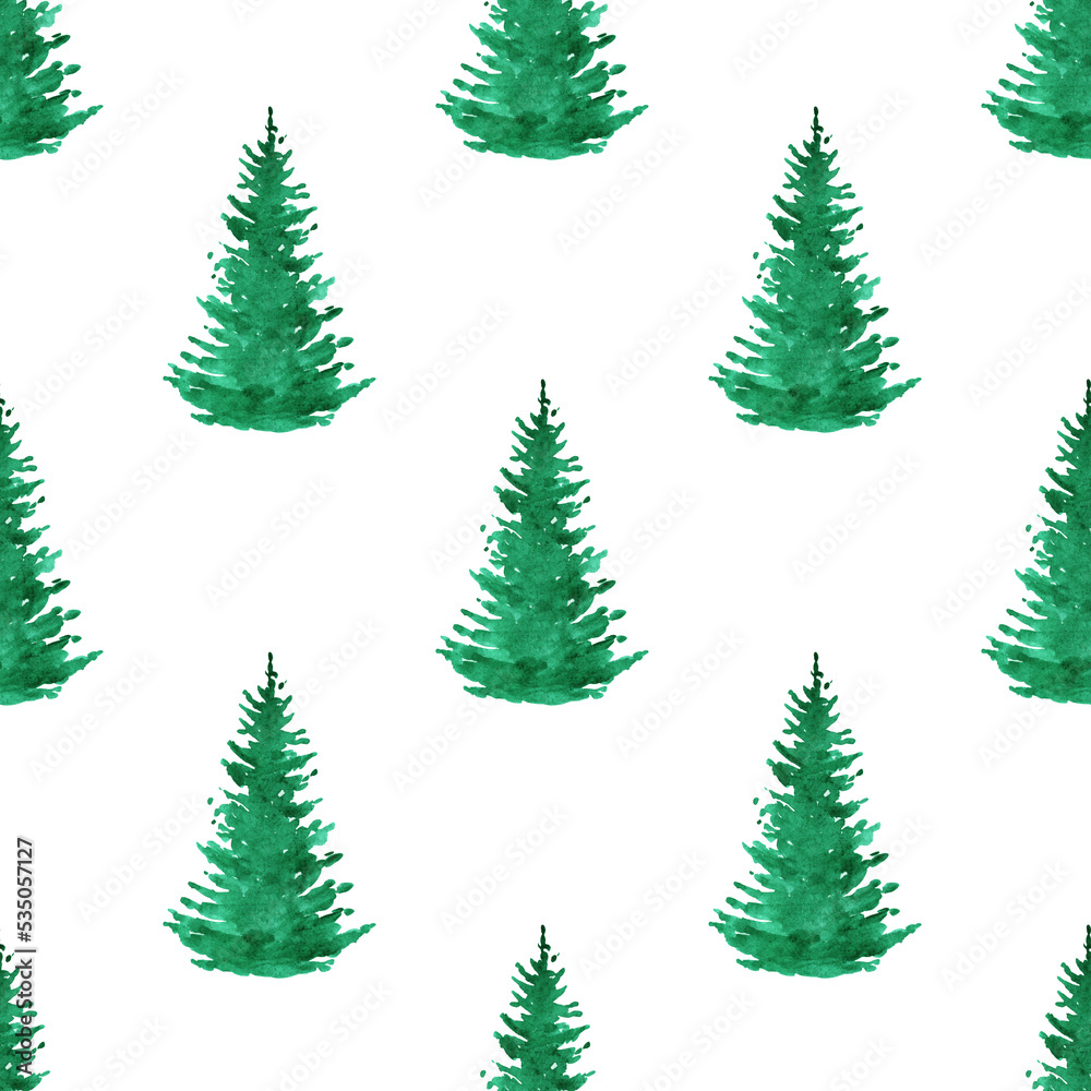 Watercolor fir trees seamless pattern on white background