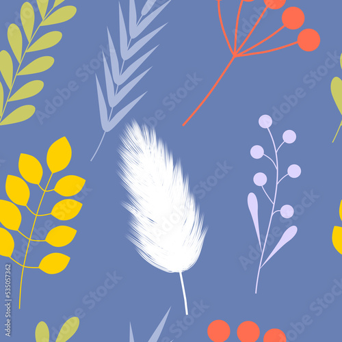 Floral ornament of autumn leaves twigs stems on a blue background