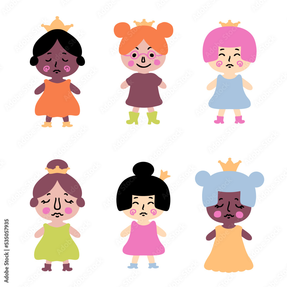 Cute little princess clipart collection in flat style. Perfect for posters, greeting cards, tee, logo, stickers and print. Isolated vector illustration for decor and design. Cute little princess clipart collection in flat style. Perfect for posters, greeting cards, tee, logo, stickers and print. Isolated vector illustration for decor and design.
