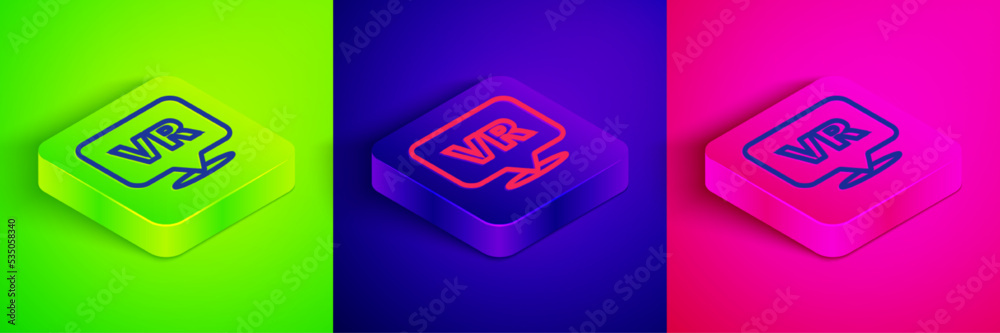Isometric line Virtual reality icon isolated on green, blue and pink background. Futuristic VR head-up display design. Square button. Vector Isometric line Virtual reality icon isolated on green, blue and pink background. Futuristic VR head-up display design. Square button. Vector