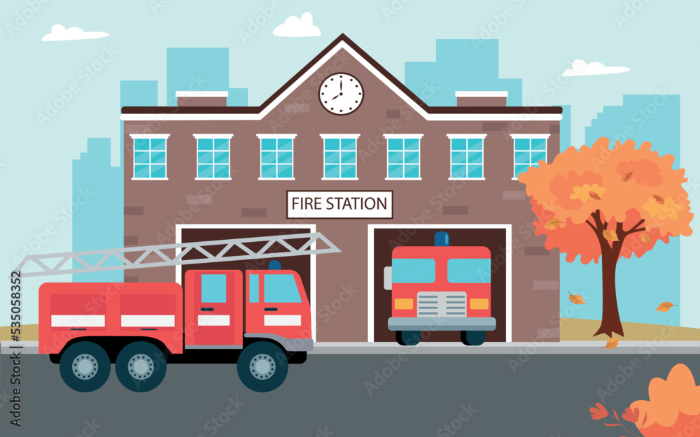 Ταπετσαρία Fire station building with fire trucks in the city