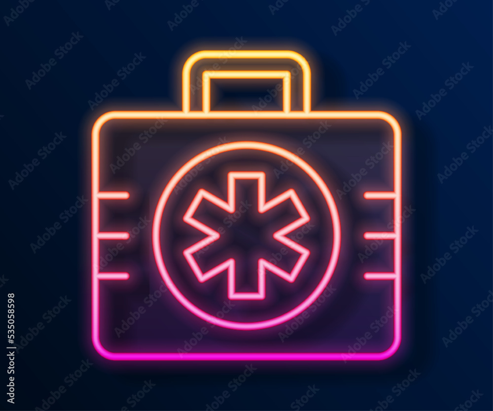 Glowing neon line First aid kit icon isolated on black background. Medical box with cross. Medical equipment for emergency. Healthcare concept. Vector Glowing neon line First aid kit icon isolated on black background. Medical box with cross. Medical equipment for emergency. Healthcare concept. Vector