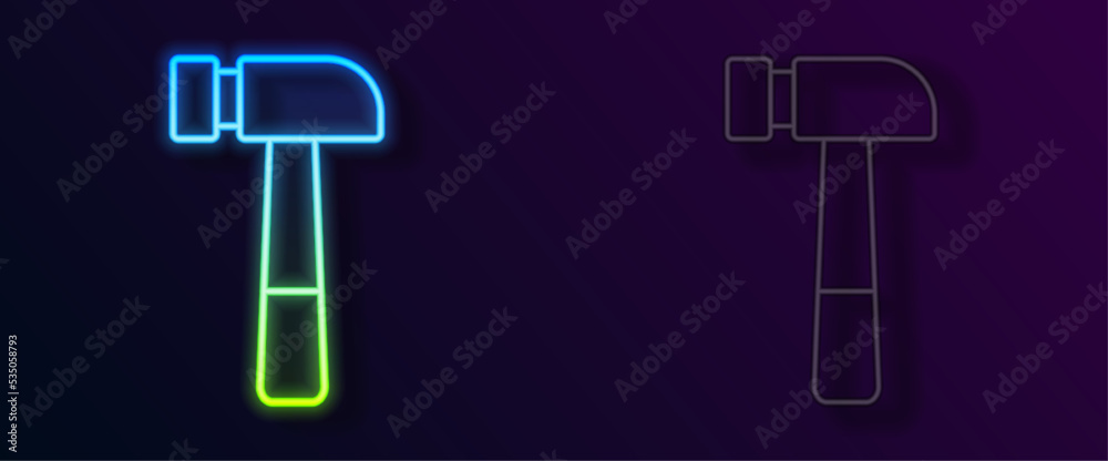 Glowing neon line Hammer icon isolated on black background. Tool for repair. Vector Glowing neon line Hammer icon isolated on black background. Tool for repair. Vector