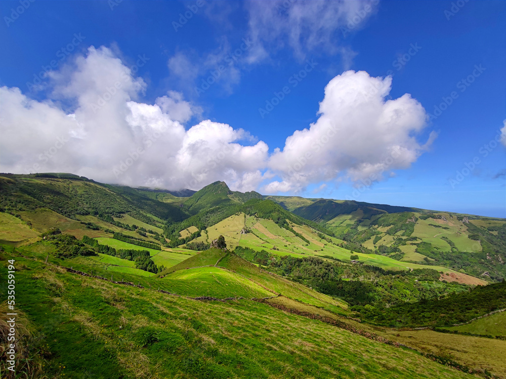 Green volcanic hills landscape at azores, portugal