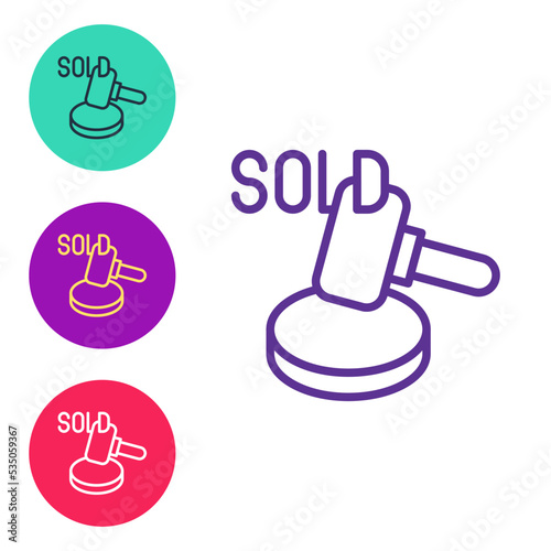 Set line Auction hammer icon isolated on white background. Gavel - hammer of judge or auctioneer. Bidding process, deal done. Auction bidding. Set icons colorful. Vector