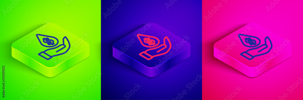 Isometric line Oil drop with dollar symbol icon isolated on green, blue and pink background. Oil price. Oil and petroleum industry. Square button. Vector Isometric line Oil drop with dollar symbol icon isolated on green, blue and pink background. Oil price. Oil and petroleum industry. Square button. Vector