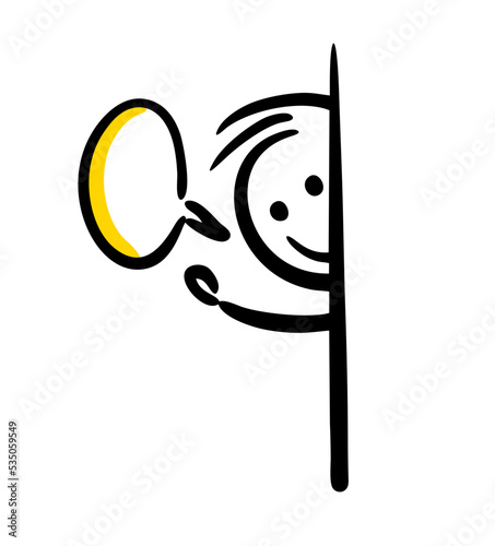 Peek over the wall doodle face of stickman with smile.