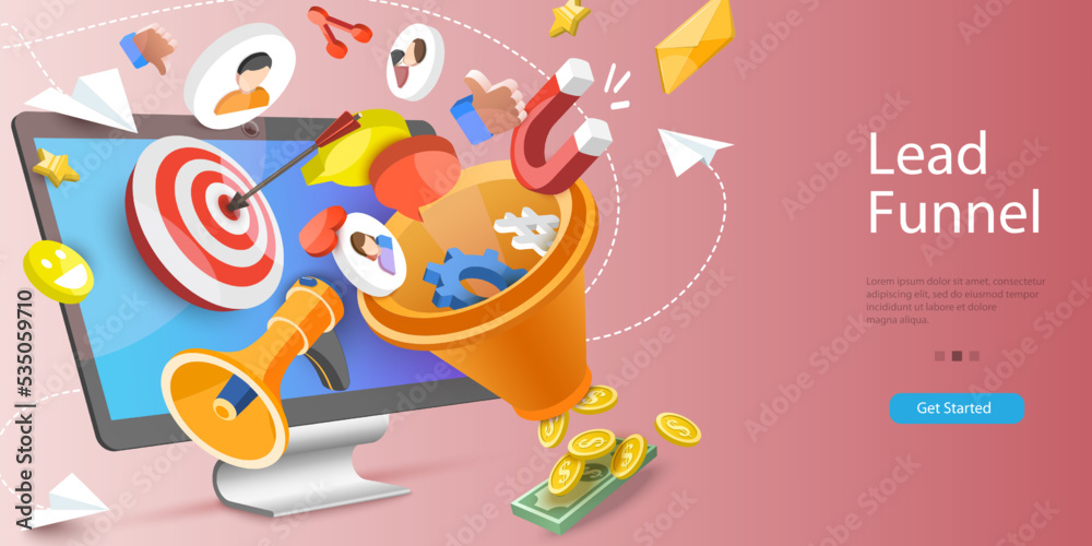 Fototapeta premium 3D Vector Conceptual Illustration of Lead Funnel, Conversion Rate Optimization