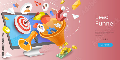 3D Vector Conceptual Illustration of Lead Funnel, Conversion Rate Optimization