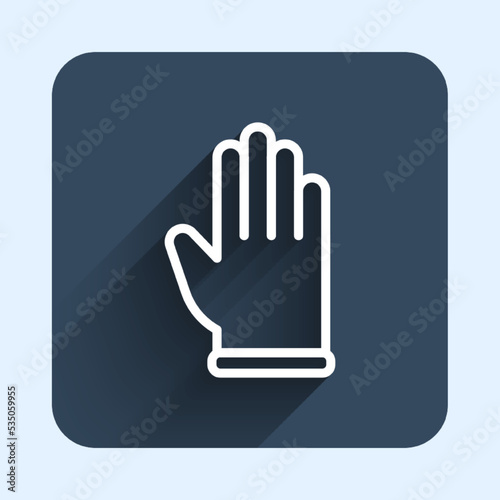 White line Rubber gloves icon isolated with long shadow background. Latex hand protection sign. Housework cleaning equipment symbol. Blue square button. Vector