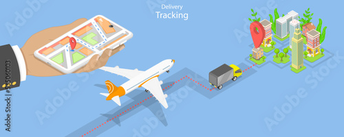3D Isometric Flat Vector Conceptual Illustration of Delivery Tracking, Cargo Transportation