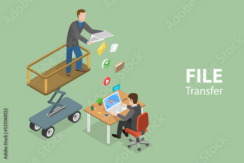 3D Isometric Flat Vector Conceptual Illustration of File Transfer, Digital Data Sharing