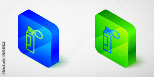 Isometric line Perfume icon isolated grey background. Blue and green square button. Vector