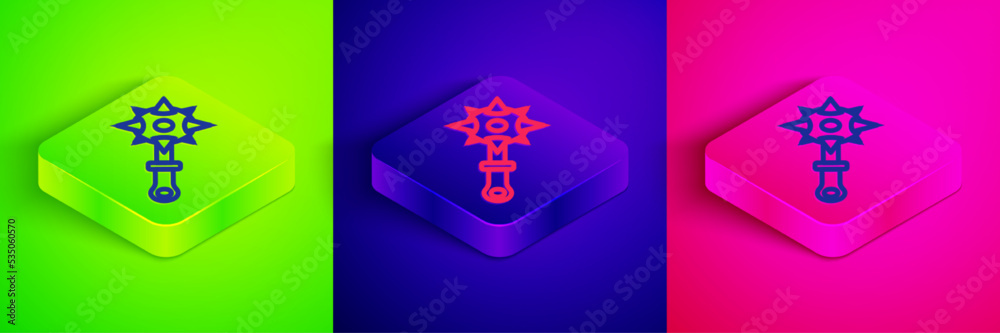 Isometric line Medieval chained mace ball icon isolated on green, blue and pink background. Morgenstern medieval weapon or mace with spikes. Square button. Vector