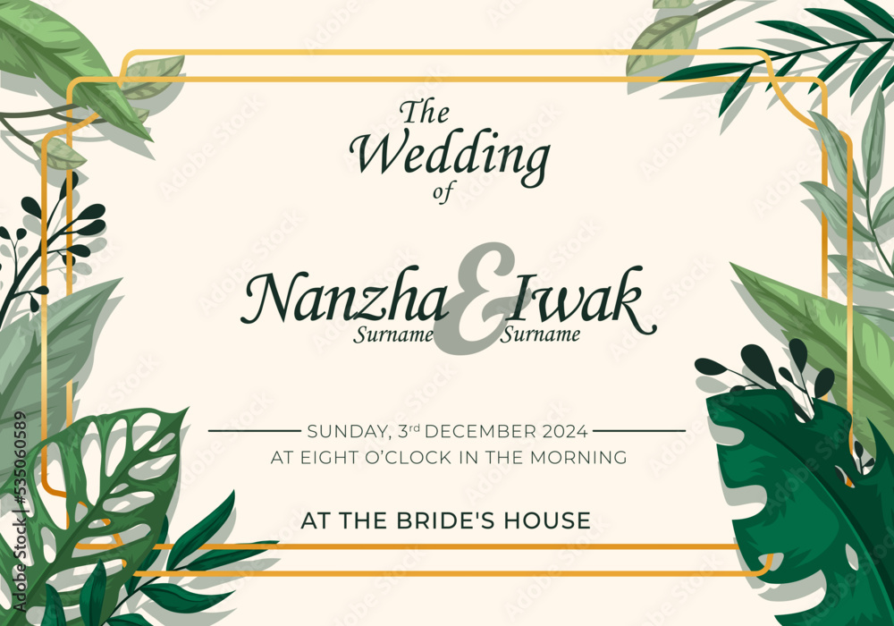 Nature Floral Wedding Invitation Gold Frame Design
