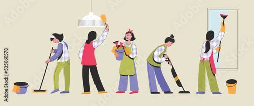 Women washing floor with the mop and vacuum, cleaning window, furniture from dust. Women workers of cleaning company. Cleaning service concept