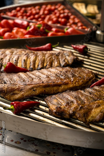 Barbecue meat with red pepper. Tasty food. swedish table