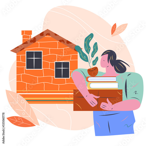 Woman carrying belongings to new house, flat cartoon style flat vector illustration isolated on white background. Moving house and buying new property concept.