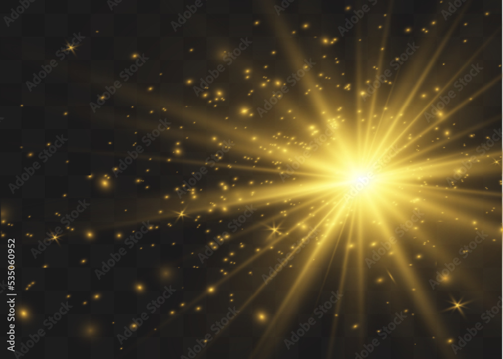 Naklejka premium The dust sparks and golden stars shine with special light. Vector sparkles on a transparent background. Christmas light effect.