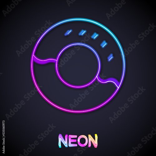 Glowing neon line Donut with sweet glaze icon isolated on black background. Vector