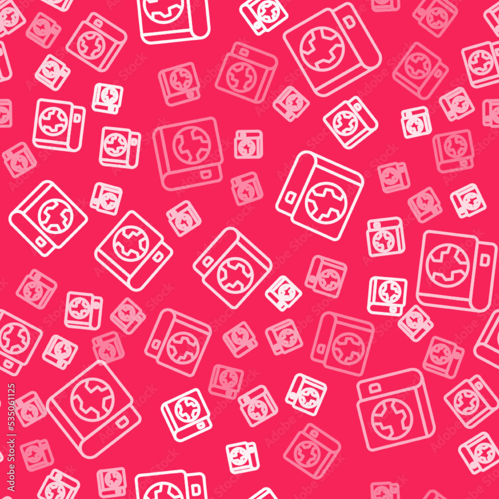 White line Earth globe and book icon isolated seamless pattern on red background. World or Earth sign. Global internet symbol. Geometric shapes. Vector White line Earth globe and book icon isolated seamless pattern on red background. World or Earth sign. Global internet symbol. Geometric shapes. Vector