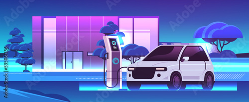 electric car charging battery vehicle at recharging power station charger EV management sustainable transport concept