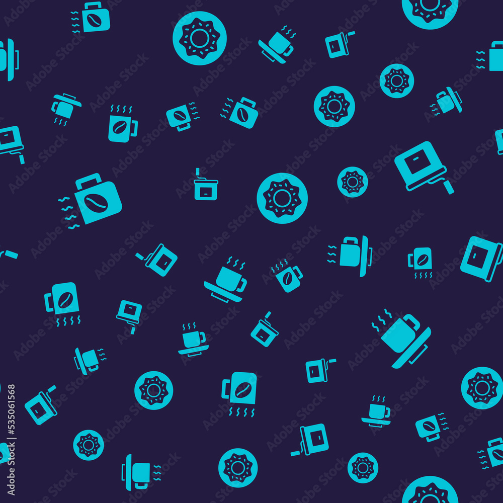 Set Coffee cup, Manual coffee grinder, Donut and on seamless pattern. Vector Set Coffee cup, Manual coffee grinder, Donut and on seamless pattern. Vector